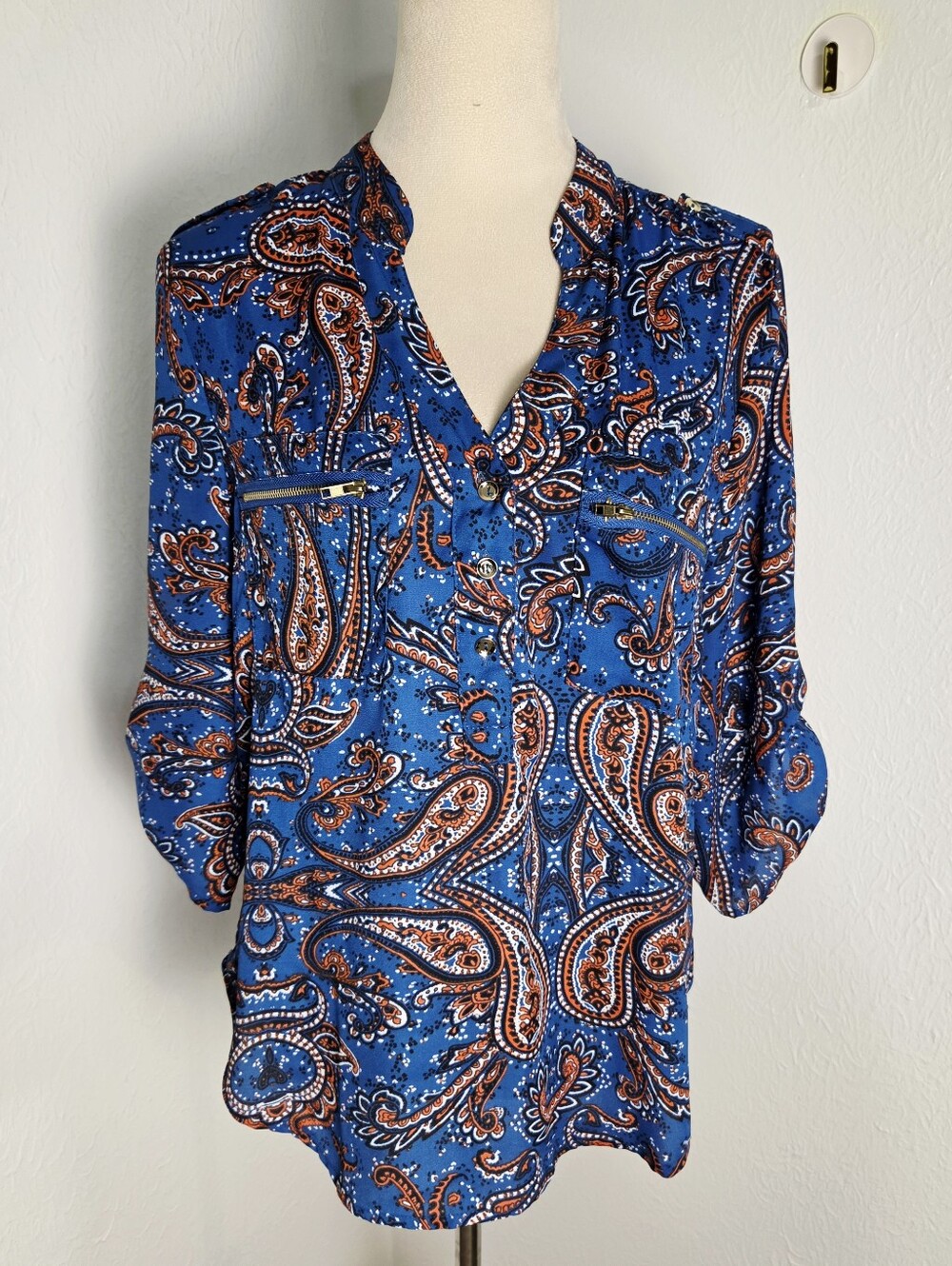 Wishful Park Blue & Rust Paisley Blouse, Zipper Pockets, High-low, Size Medium